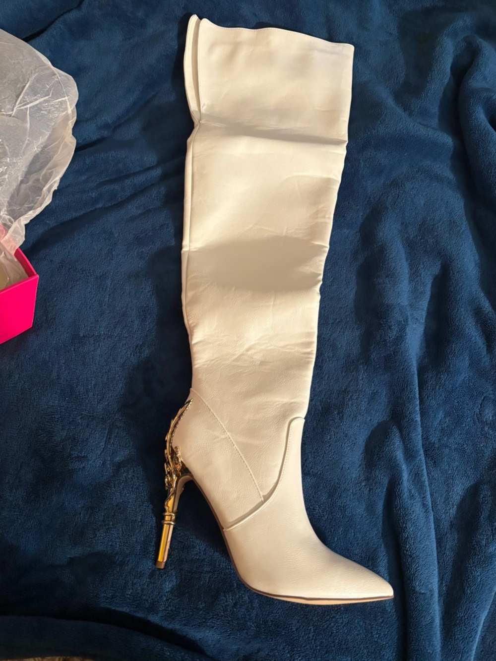 Shoe Dazzle Danaay White Over-the-Knee Stiletto Boots w/ Gold Chain Heel Accent